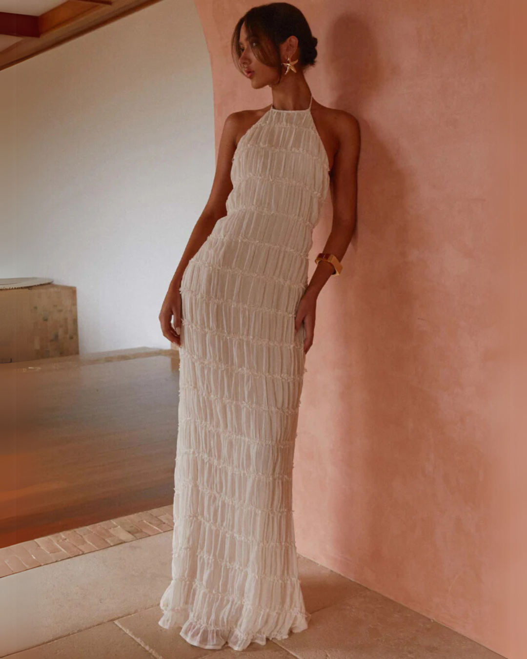 Textured Halterneck Maxi Dress with Open Back