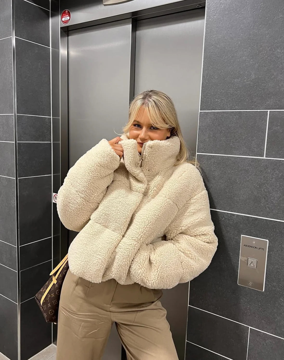 Oversized Teddy Fleece Jacket with High Collar