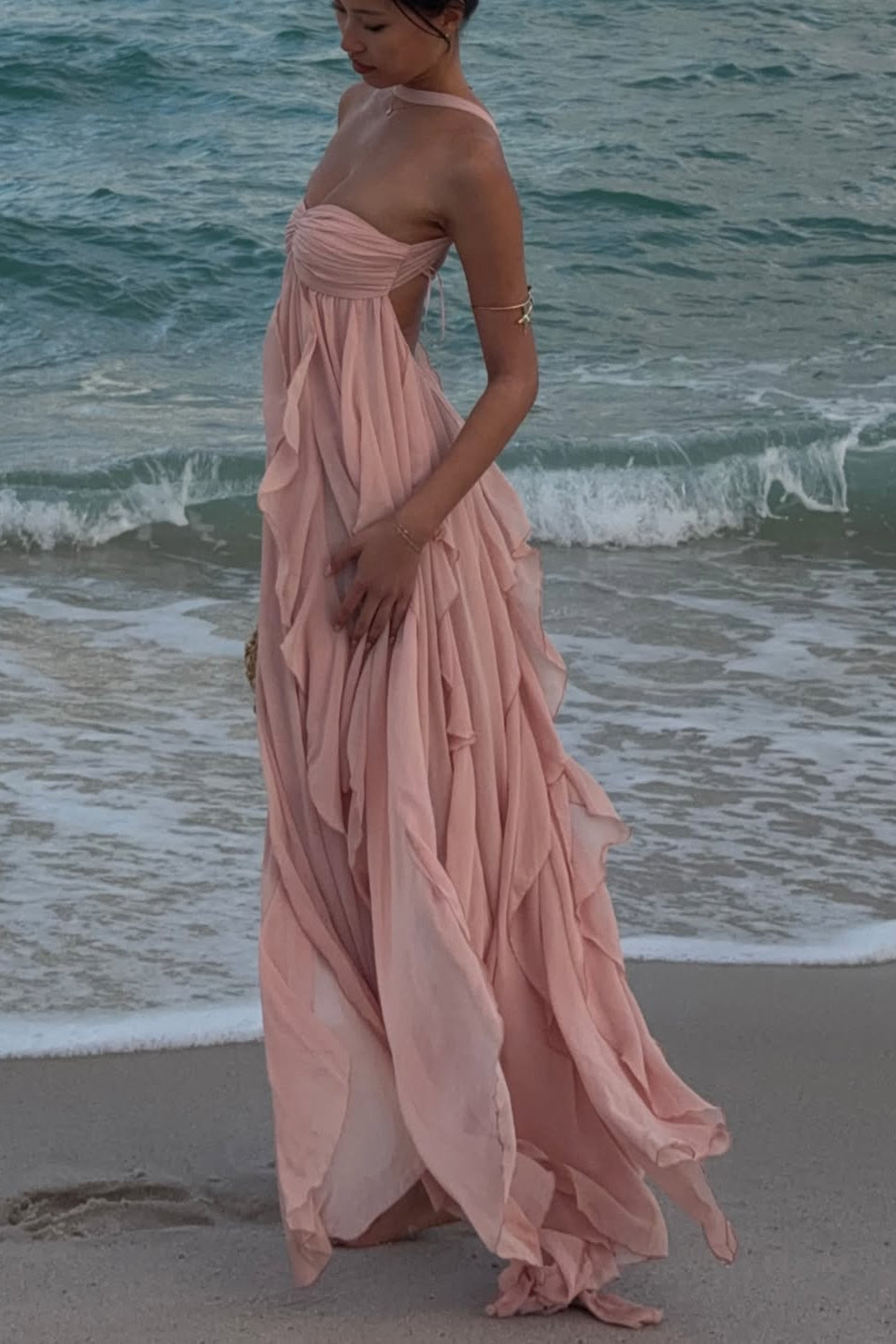 Strapless Layered Lace Maxi Dress
