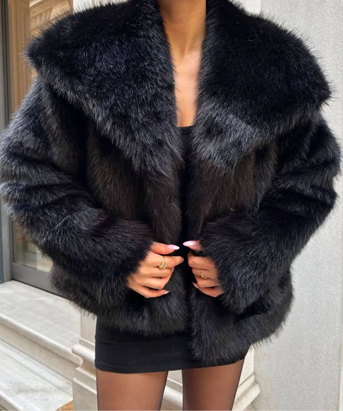 Oversized Faux Fur Coat in Black