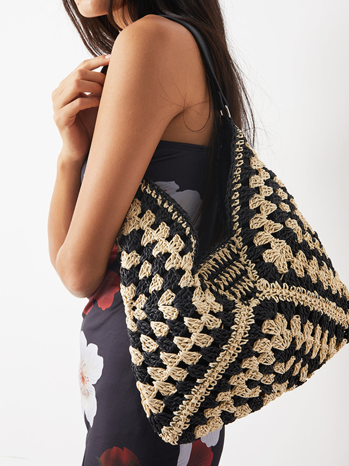 Embroidered Woven Shoulder Bag