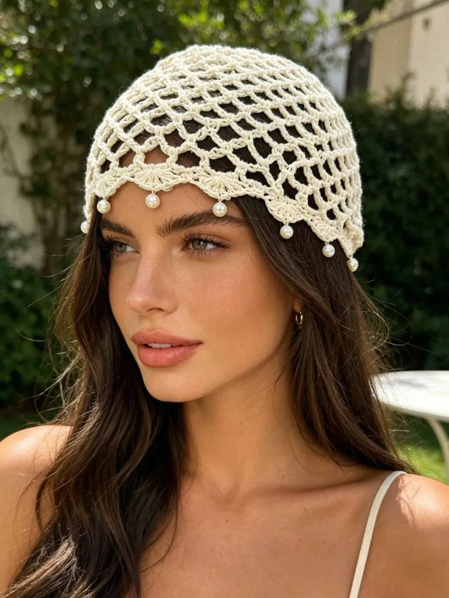 Crochet Head Beanie with Pearl Bead Trim