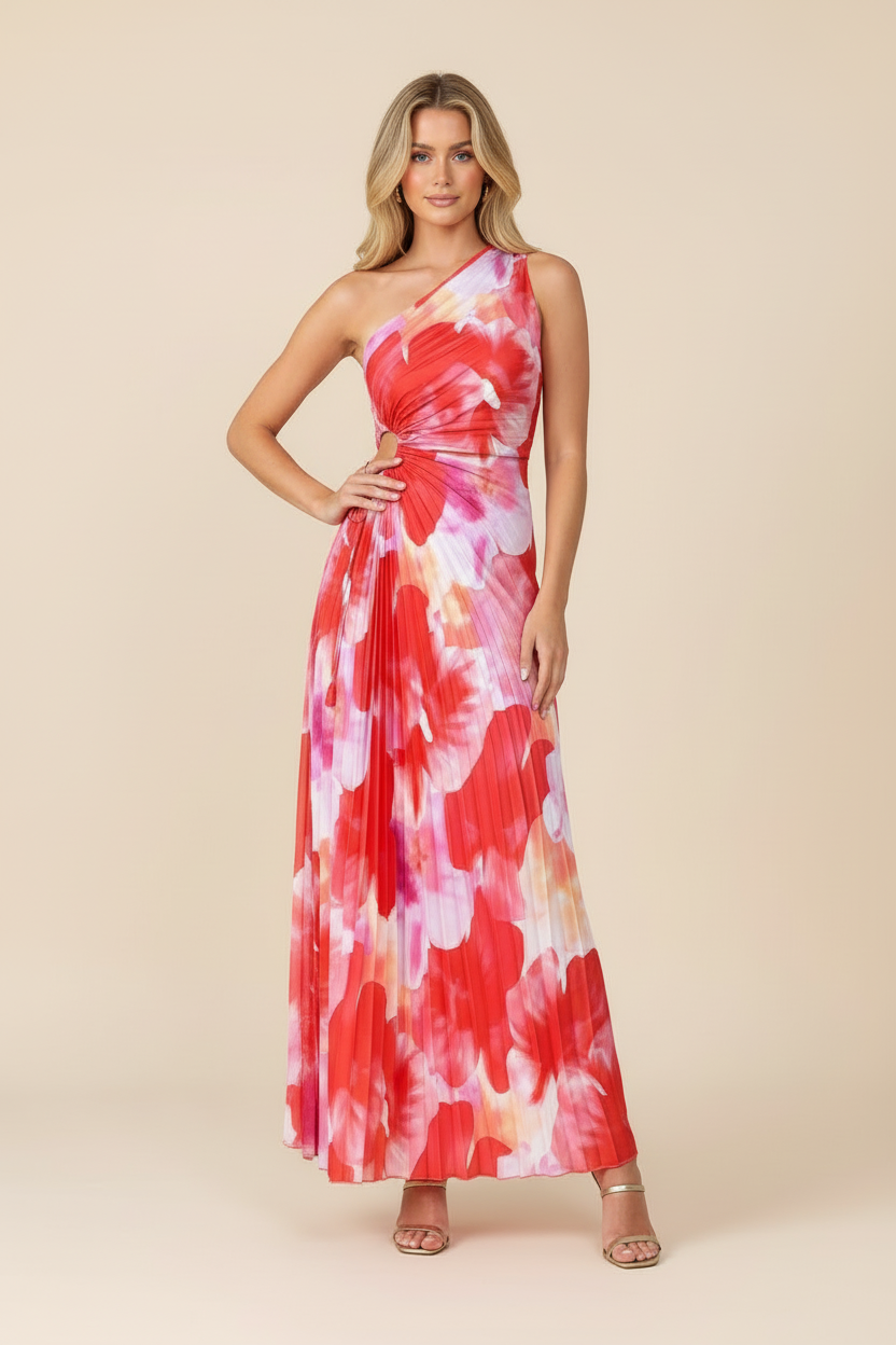 One-Shoulder Pleated Maxi Dress in Floral Print