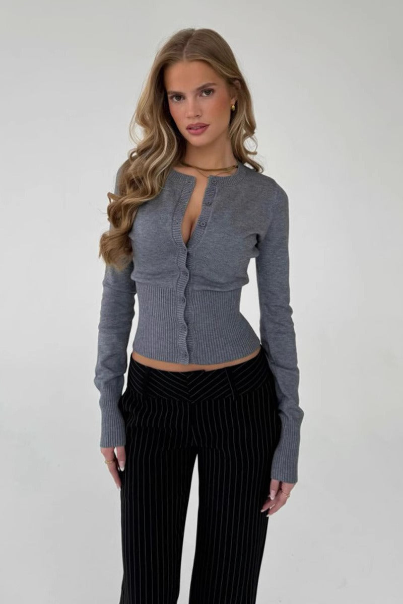 Ribbed Fitted Cardigan with Wide Waist Panel