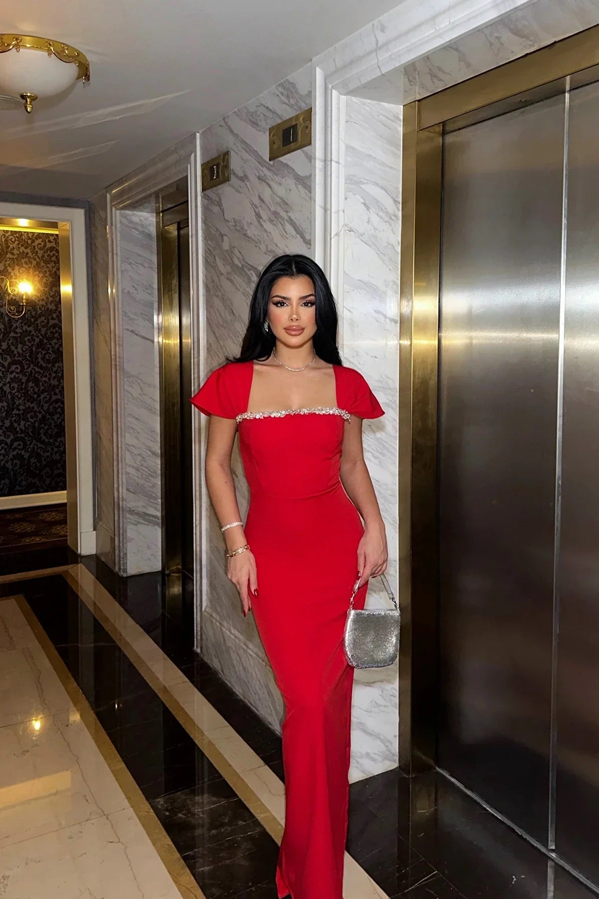 Square-Neck Bodycon Maxi Dress with Draped Shoulders