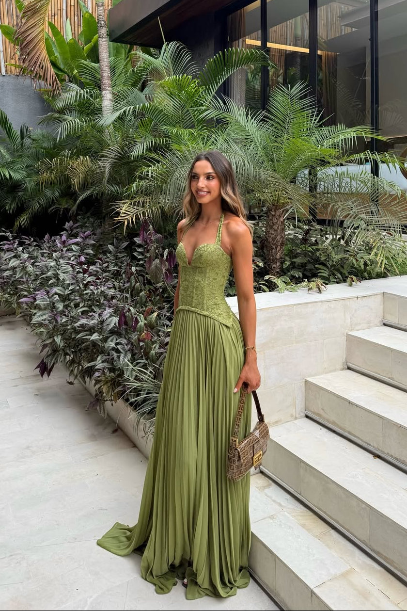 Lace Corset Maxi Dress in Green