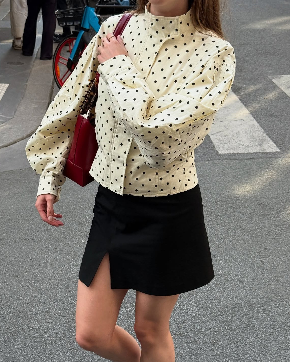 Polka Dot Puff-Sleeve High-Neck Jacket