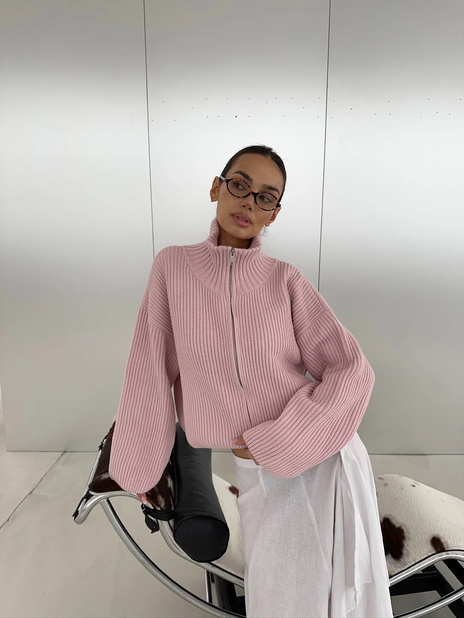 Ribbed Half-Zip Oversized Knit Sweater