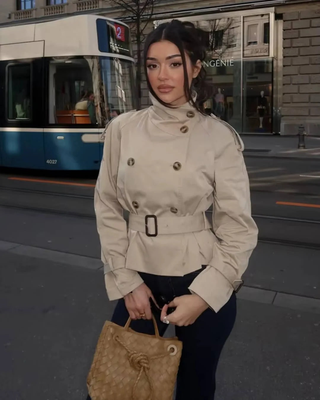 Double-Breasted Belted Peplum Jacket