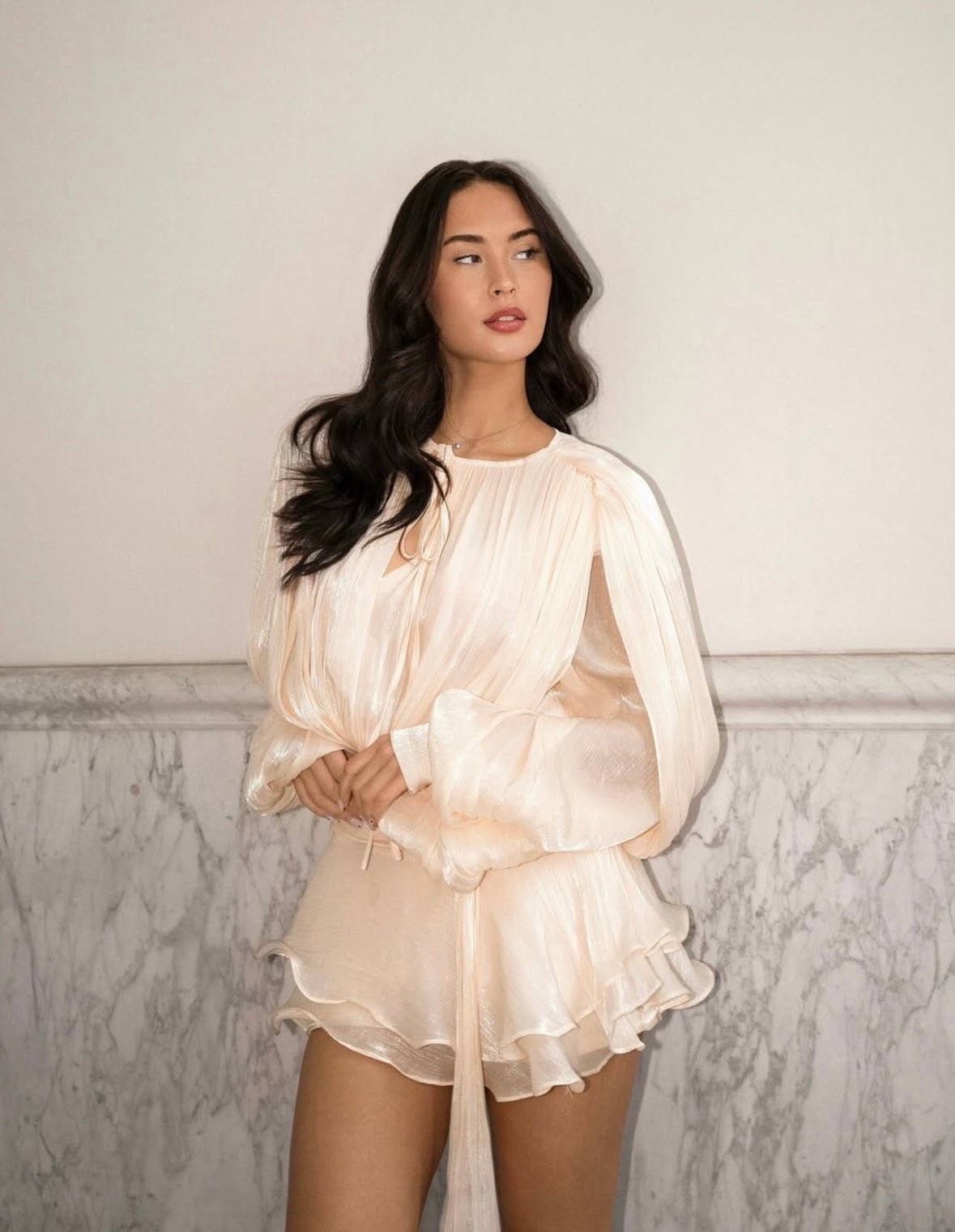 Tie-Front Mini Dress with Balloon Sleeves