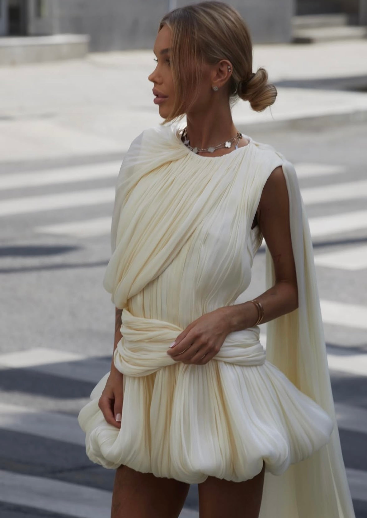 Micro-Pleated Cape Mini Dress in Ivory