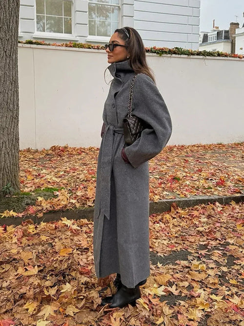 Belted Wool-Blend Maxi Wrap Coat