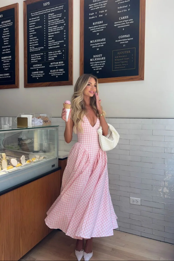 Gingham Halter Midi Dress in Baby Pink