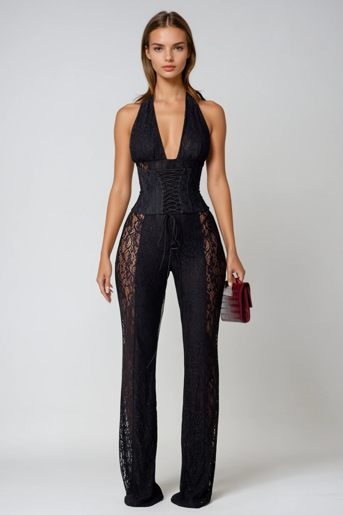 Lace Plunge Jumpsuit with Cut-Out Detail