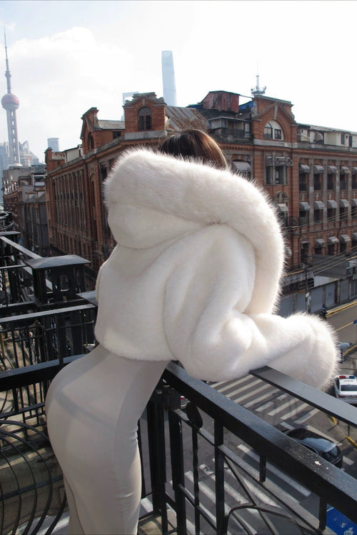 Cropped Faux Fur Hooded Jacket in White