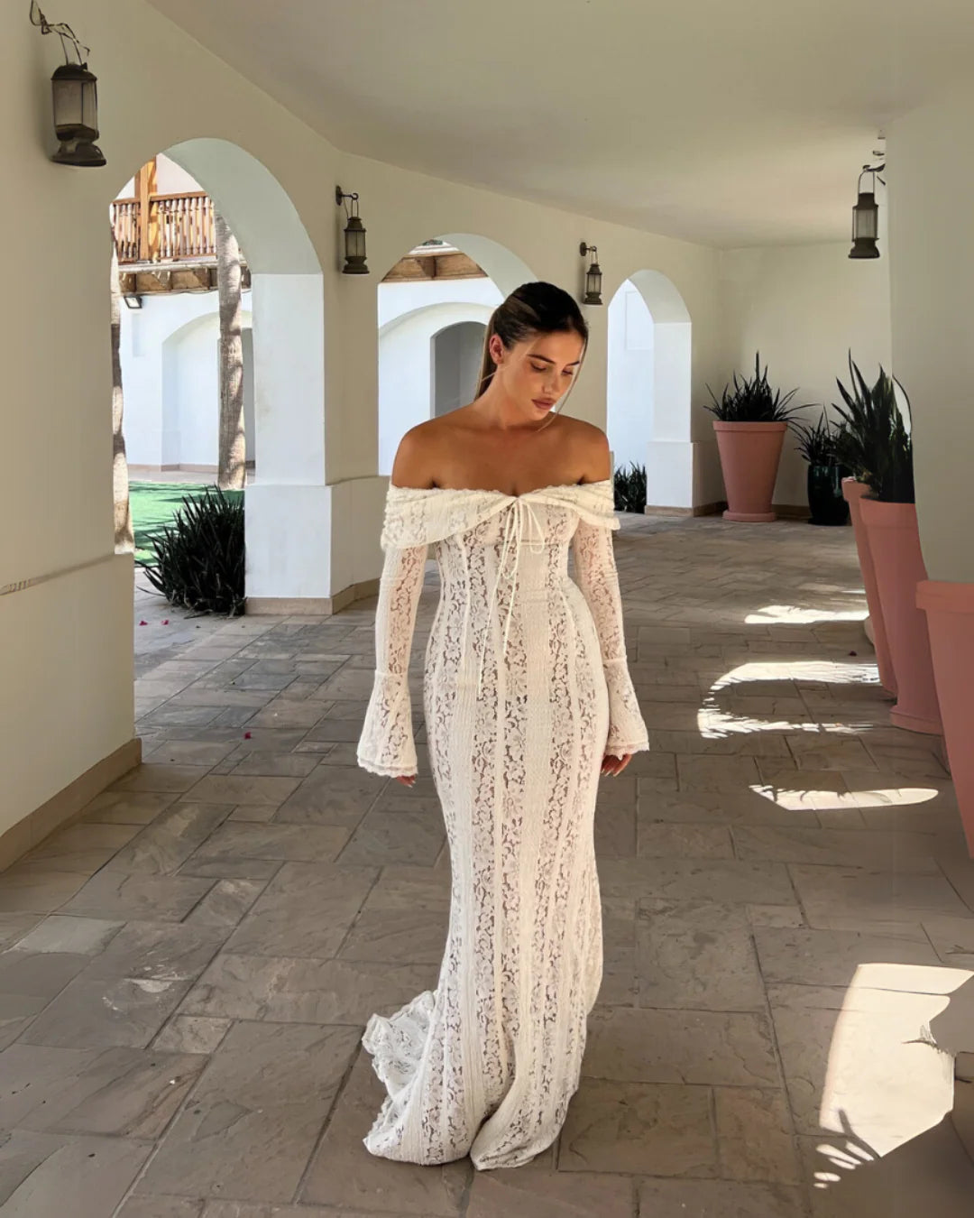 Off-Shoulder Lace Maxi Dress in White