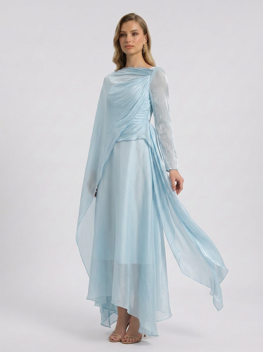 Draped Cape Overlay Maxi Dress in Blue