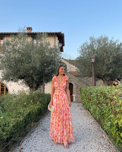Chiffon Maxi Dress with Waist Cut-Outs