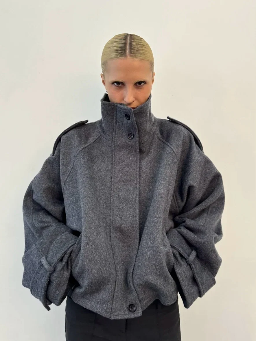 High-Neck Wool-Blend Jacket with Epaulettes