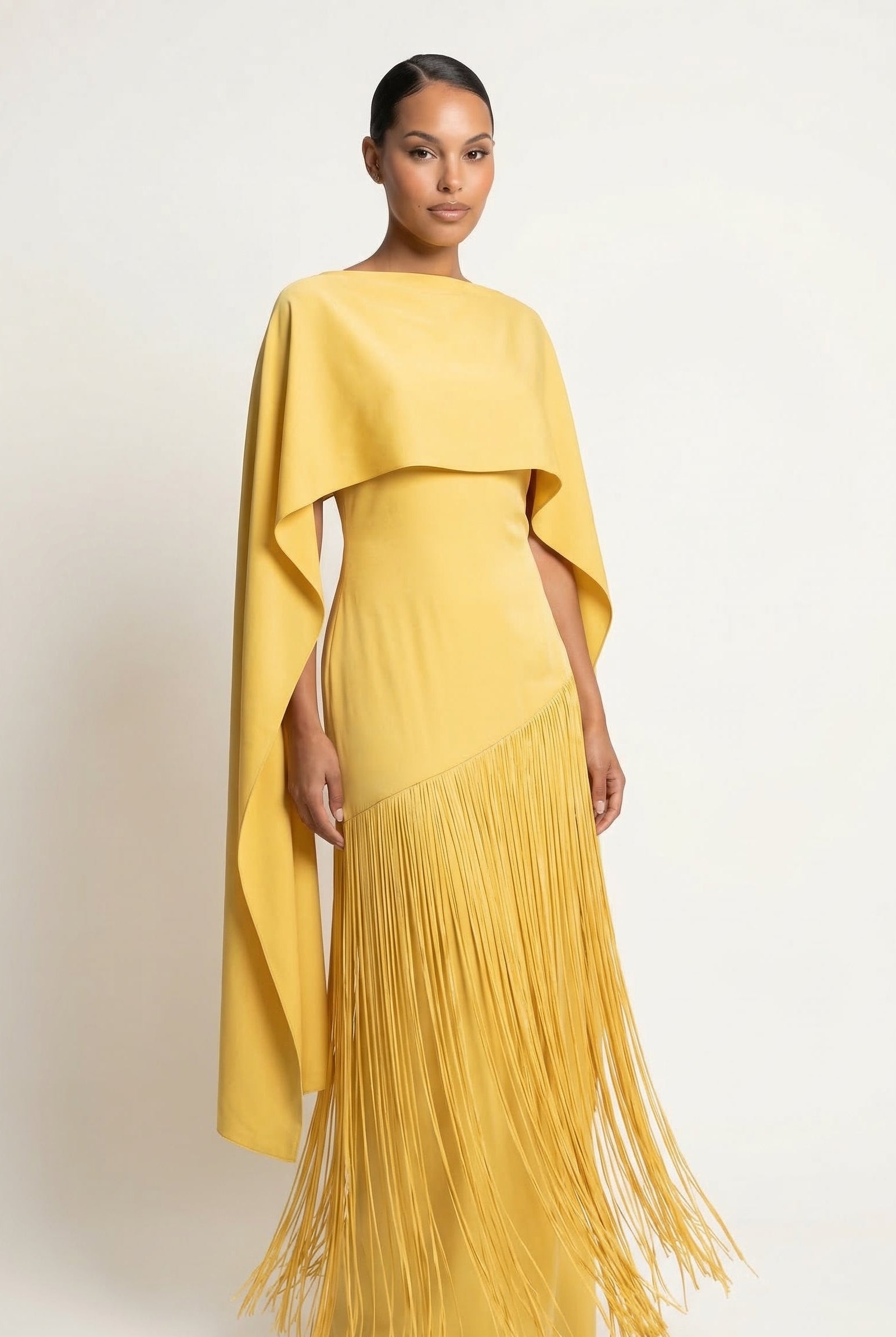 Cape Sleeve Fringe Maxi Evening Dress