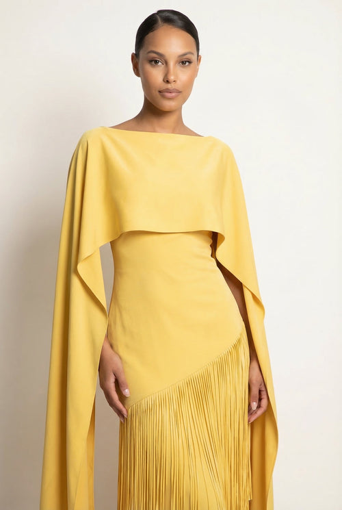 Cape Sleeve Fringe Maxi Evening Dress