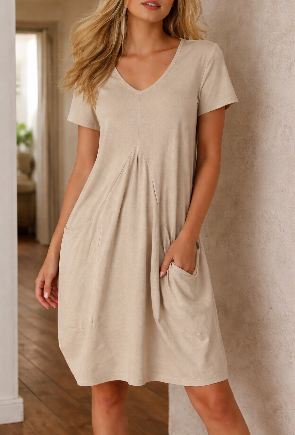 A-line dress taskunein | Women's casual dress | Knee-length, V-neck