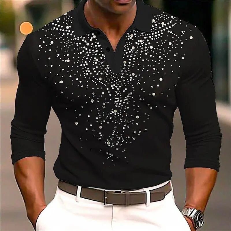 Men's polo shirt | Slim fit, glitter pattern | Long sleeve, festive