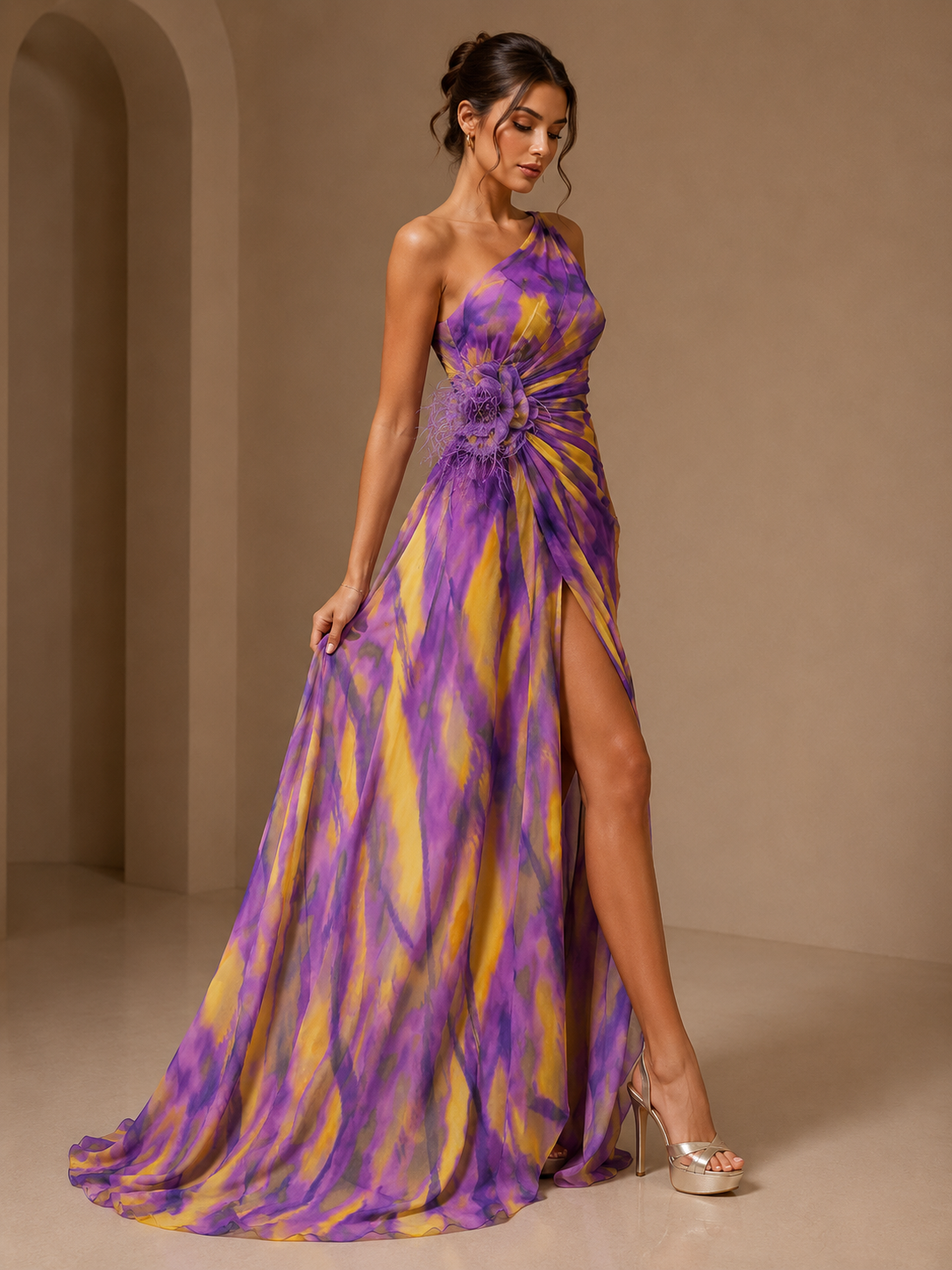 Abstract Print One-Shoulder Maxi Dress