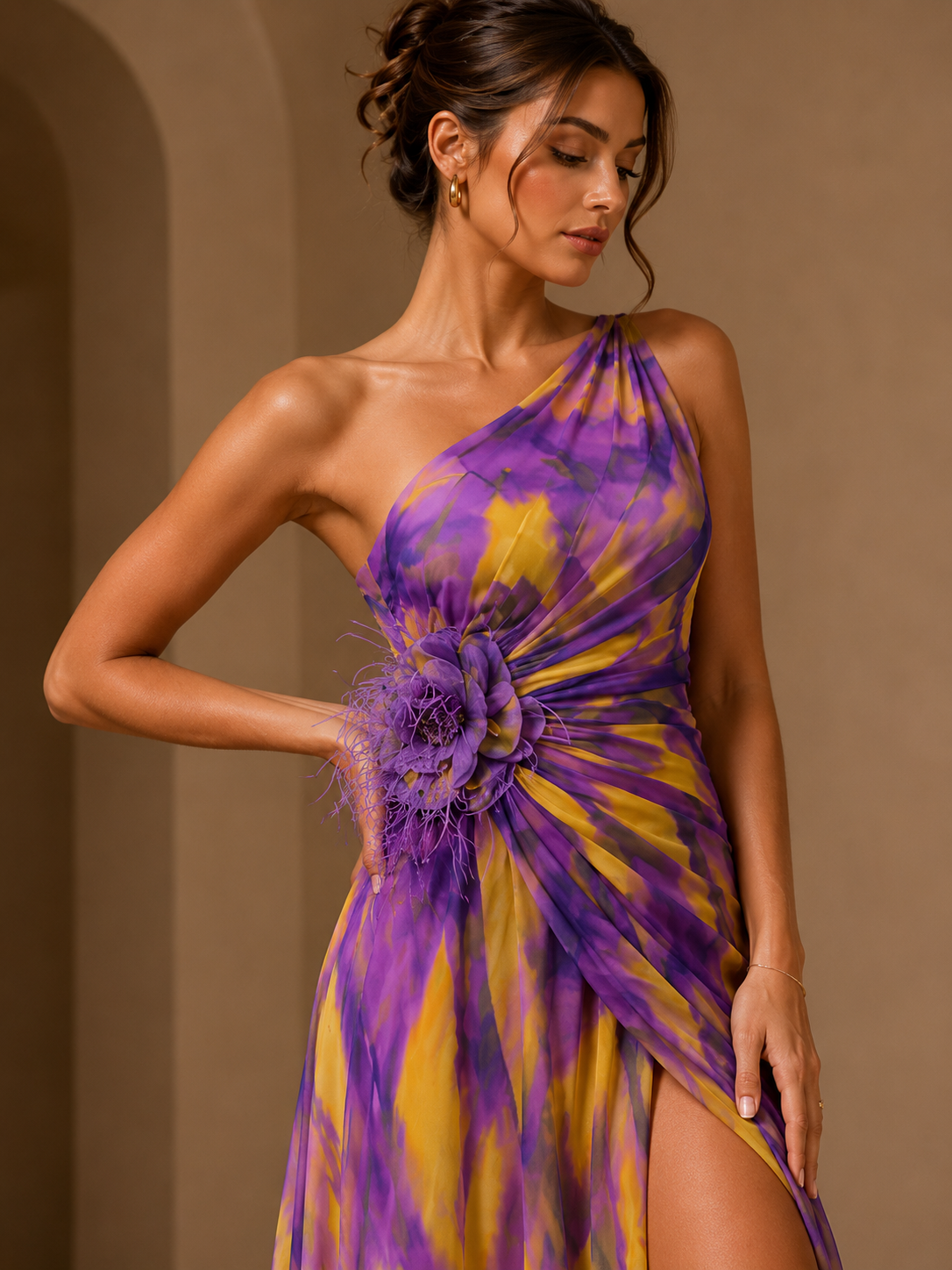 Abstract Print One-Shoulder Maxi Dress