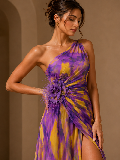 Abstract Print One-Shoulder Maxi Dress