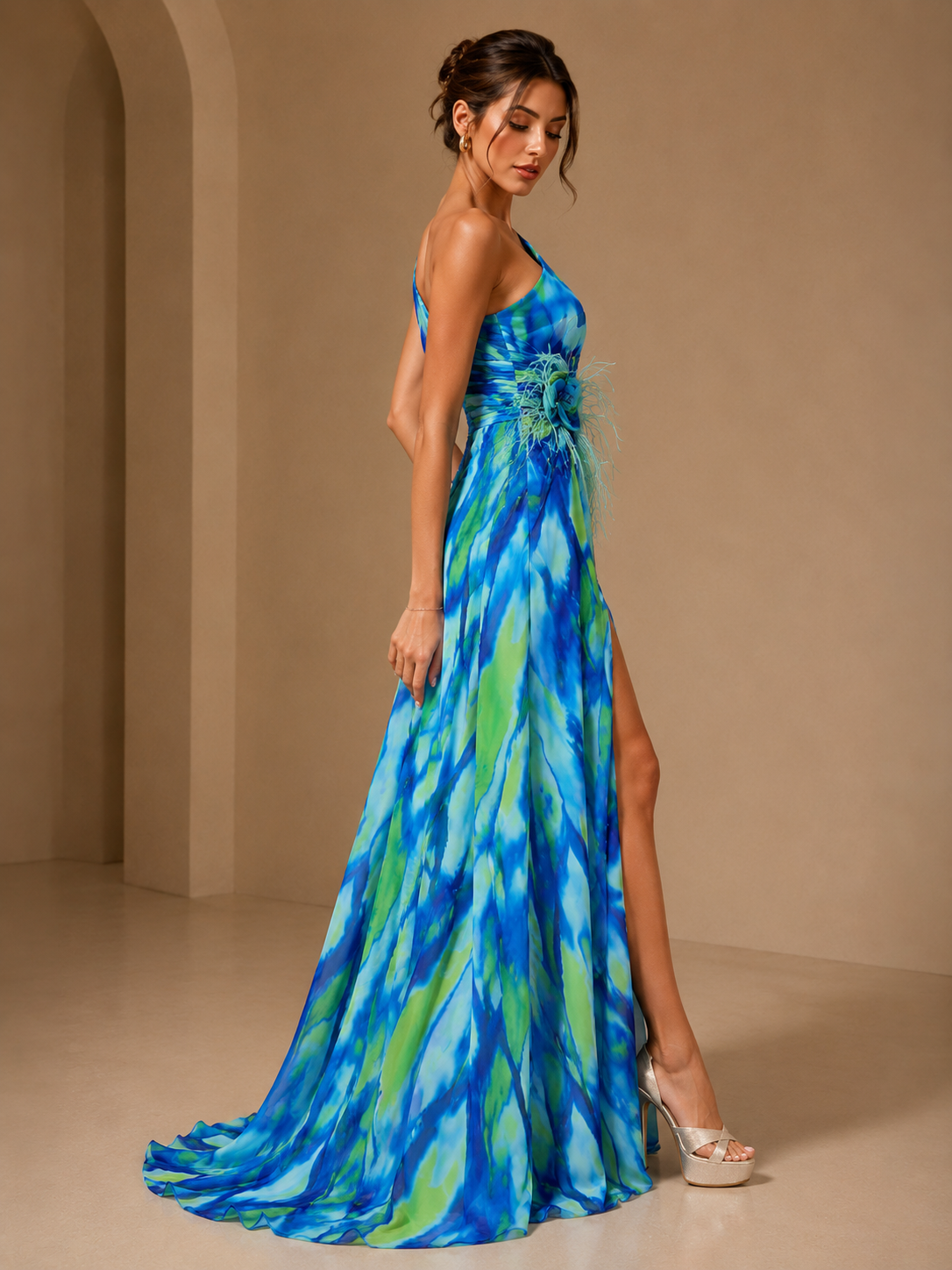 Abstract Print One-Shoulder Maxi Dress