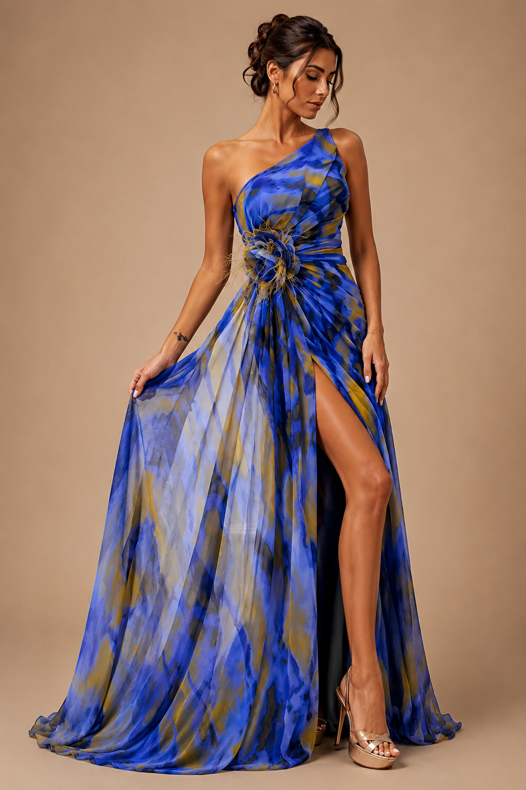 Abstract Print One-Shoulder Maxi Dress