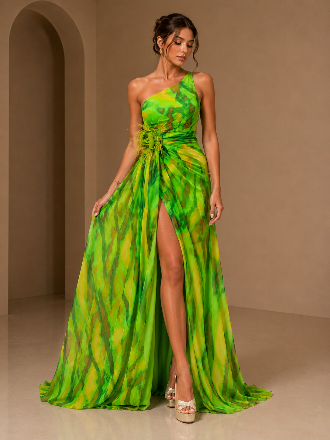 Abstract Print One-Shoulder Maxi Dress