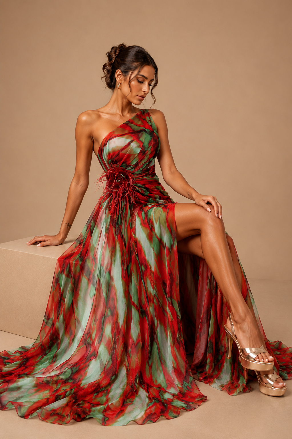 Abstract Print One-Shoulder Maxi Dress