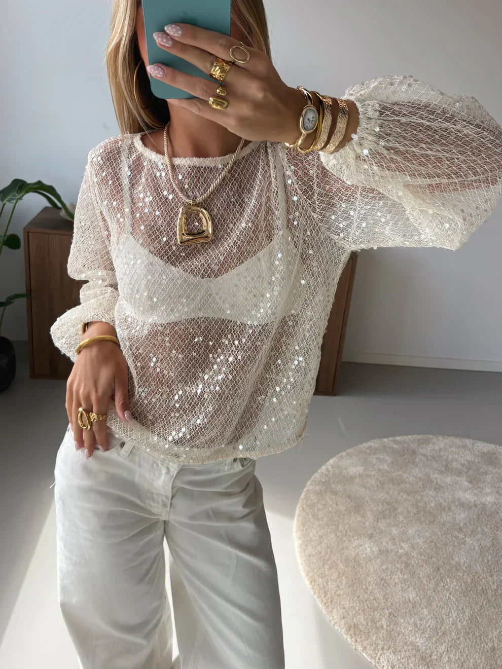 Off-Shoulder Sequin Mesh Top