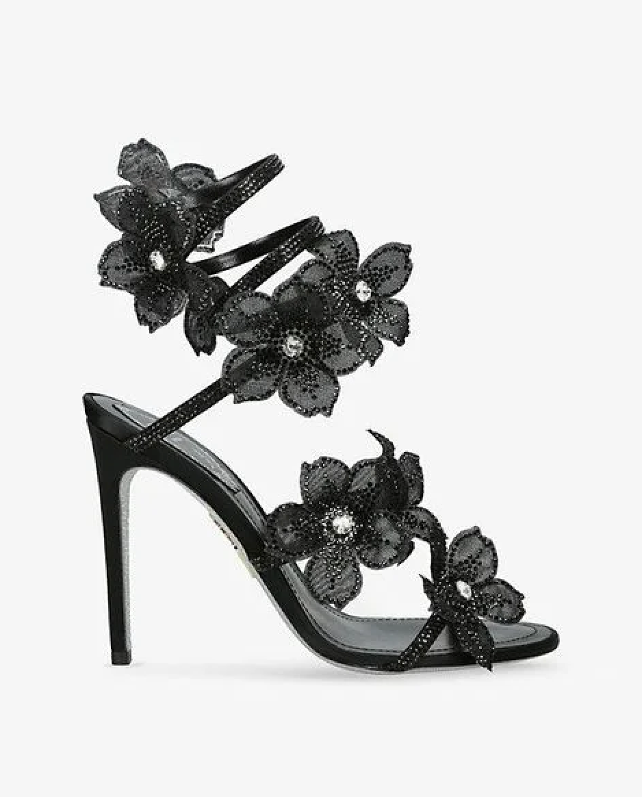 Floral Rhinestone Wrap Strap Stiletto Sandals