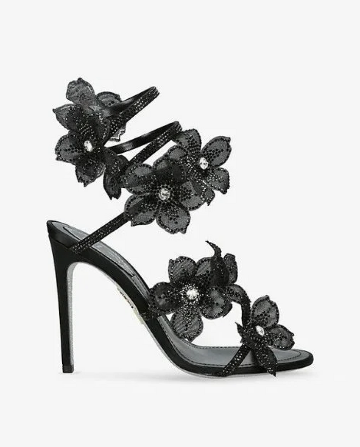 Floral Rhinestone Wrap Strap Stiletto Sandals
