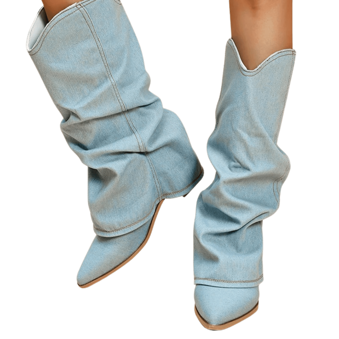 Boots Denim Women’s Western Style Block Heel Ankle Length