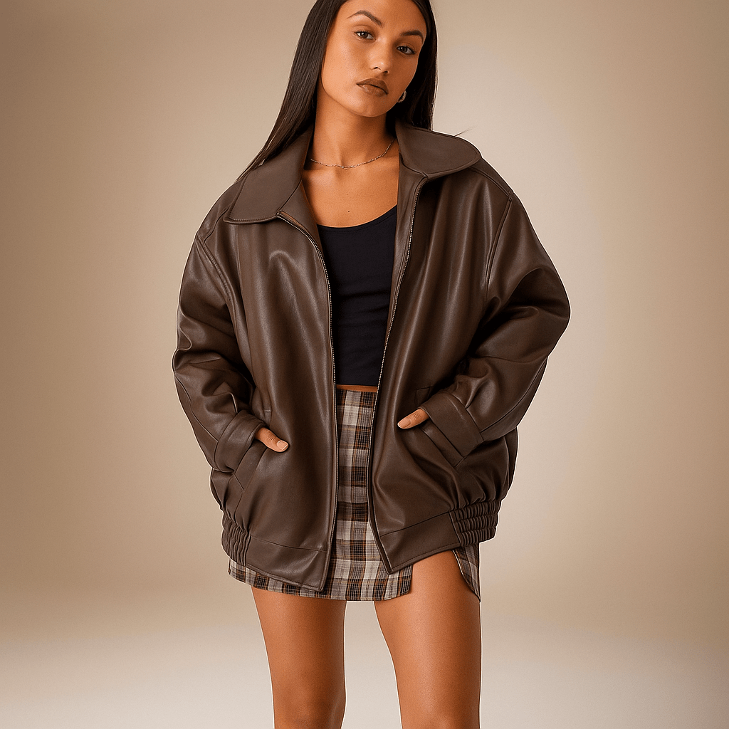 Women's leather jacket – Oversized fit – Hip length – Zipper closure