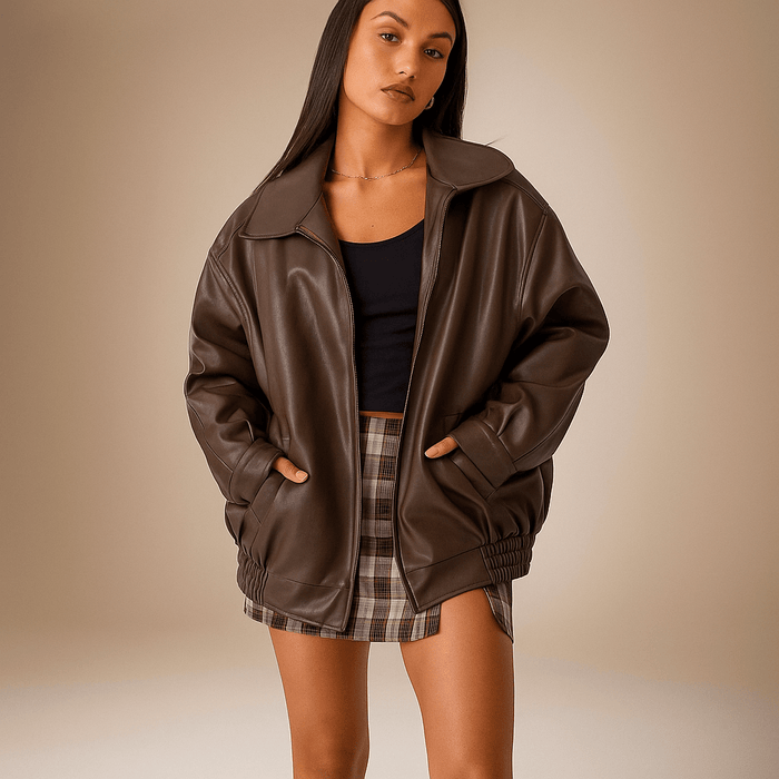 Women's leather jacket – Oversized fit – Hip length – Zipper closure