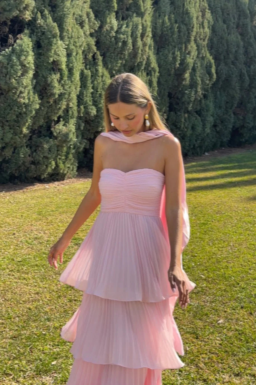 Strapless Tiered Maxi Dress in Pink