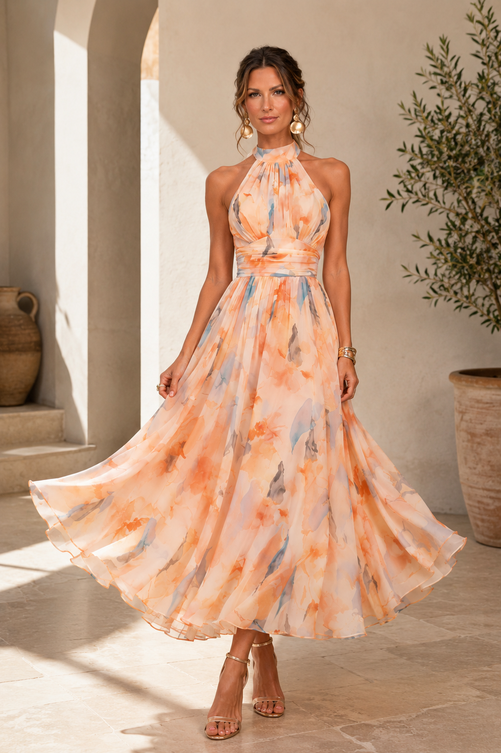 Abstract Print Halter Midi Dress