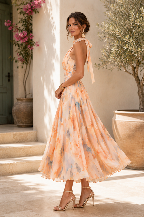 Abstract Print Halter Midi Dress