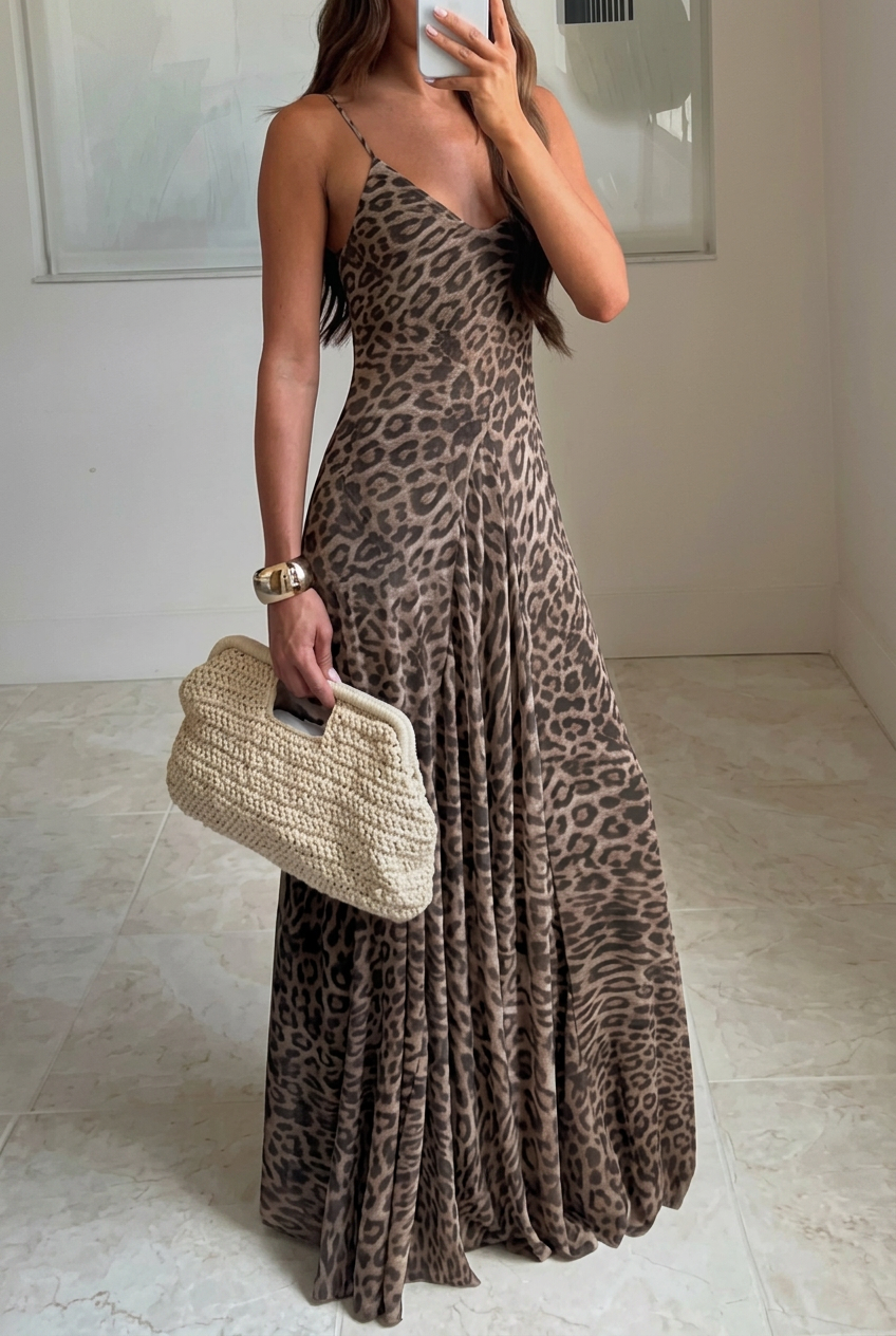 Leopard Print Maxi Dress with Thigh Slit