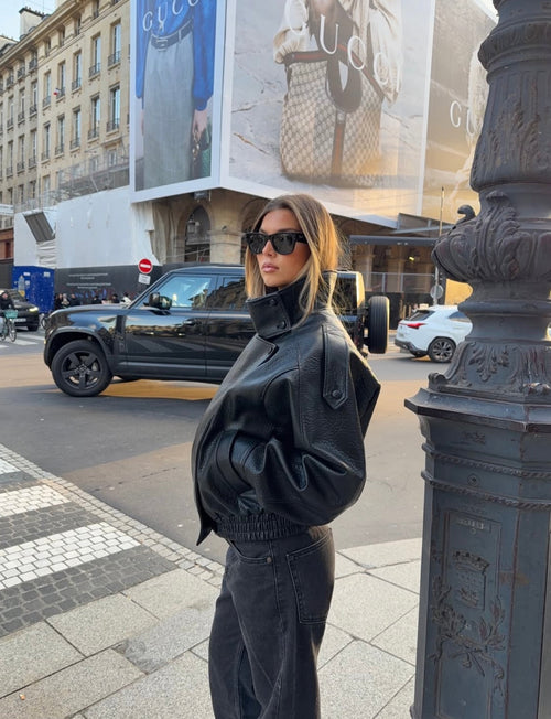 Cropped Oversized Faux Leather Biker Jacket