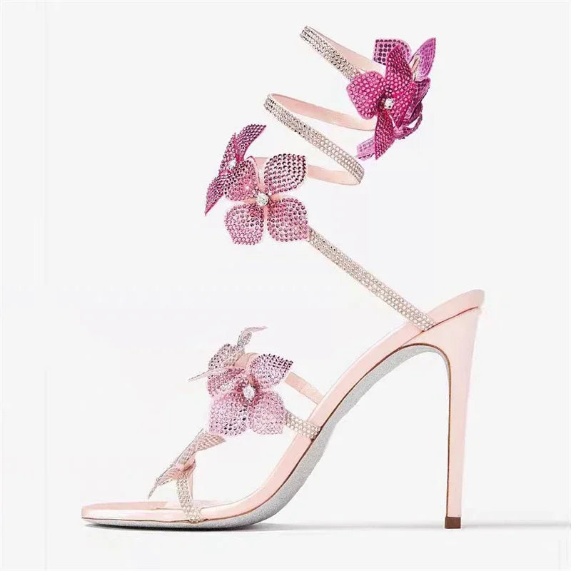 Baby Pink Floral Wrap Strap Stiletto Sandals