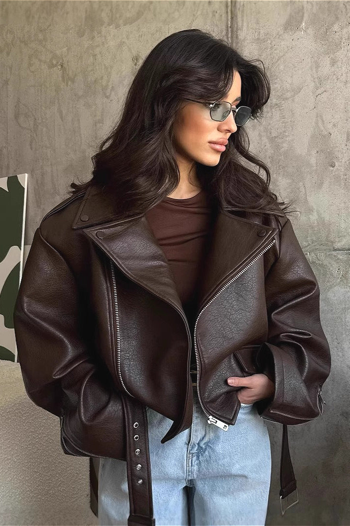 Belted Oversized Faux Leather Moto Jacket