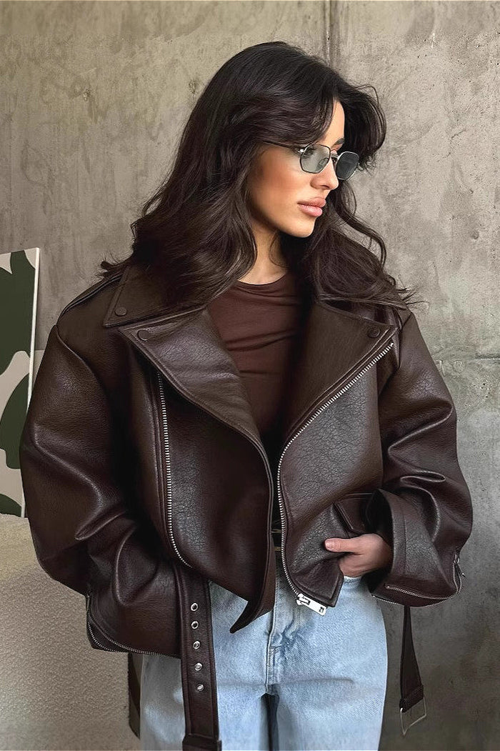 Belted Oversized Faux Leather Moto Jacket