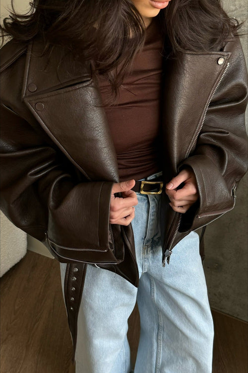 Belted Oversized Faux Leather Moto Jacket