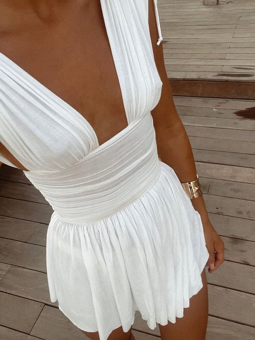 Deep V Pleated Mini Dress in White